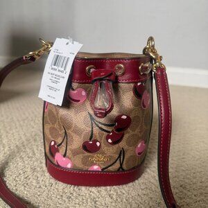 coach Mini Bucket Bag In Signature Canvas With Cherry Print cy738